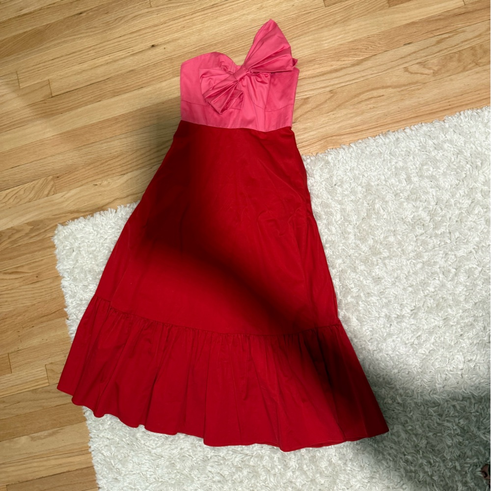 Anthropologie Red and Pink Midi A-Line Skirt with Tie Front